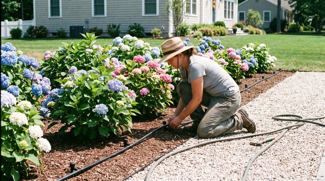 Gardener installing drip irrigation hose in hydrangea flower garden