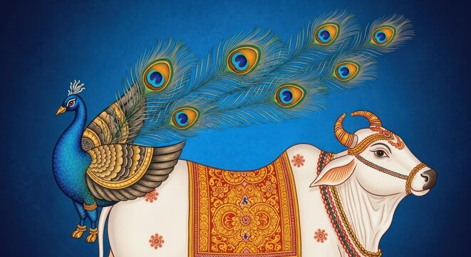 Vibrant Indian Art Depicting a Sacred Cow Adorned with Peacock Feathers.