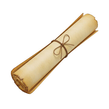 Old vintage paper scroll tied with string isolated on transparent background
