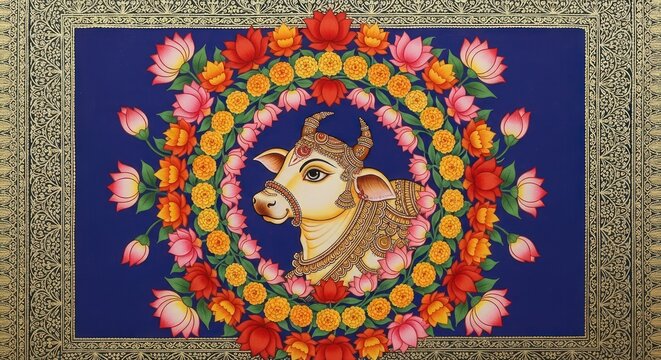 Vibrant Indian Artwork Depicting Sacred Cow Adorned with Flowers.