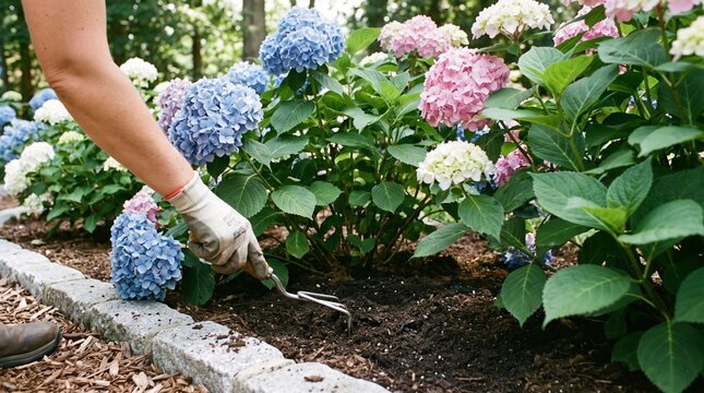 Gardener cultivating soil around blooming hydrangea shrubs in flower bed
