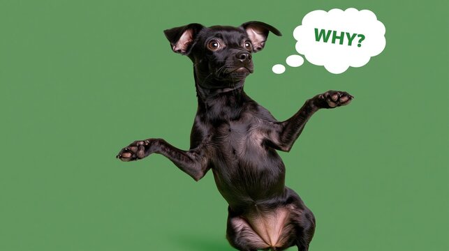 Thinking black dog standing on hind legs