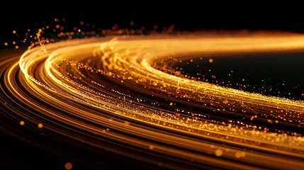 Abstract golden light trails composed of glowing particles swirl and curve against a dark background. This image symbolizes data flow, speed, technology, or dynamic energy. © Pixelzone