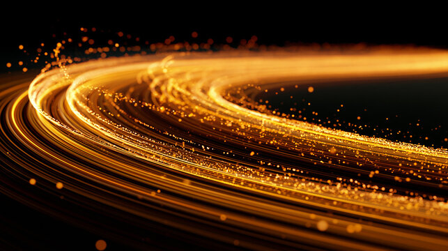 Abstract golden light trails composed of glowing particles swirl and curve against a dark background. This image symbolizes data flow, speed, technology, or dynamic energy.