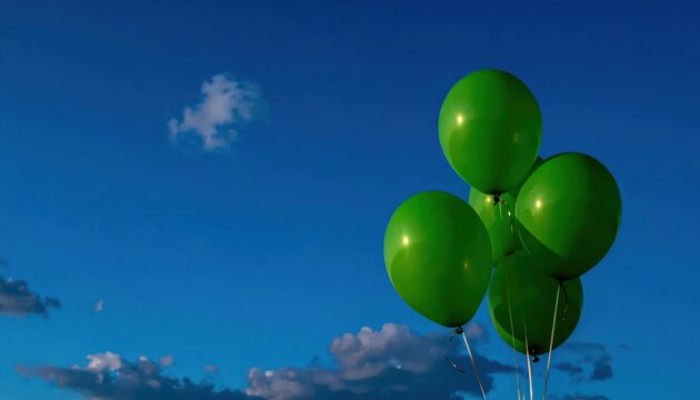 Vibrant Green Balloons Floating Against a Vivid Blue Sky with Wispy Clouds.