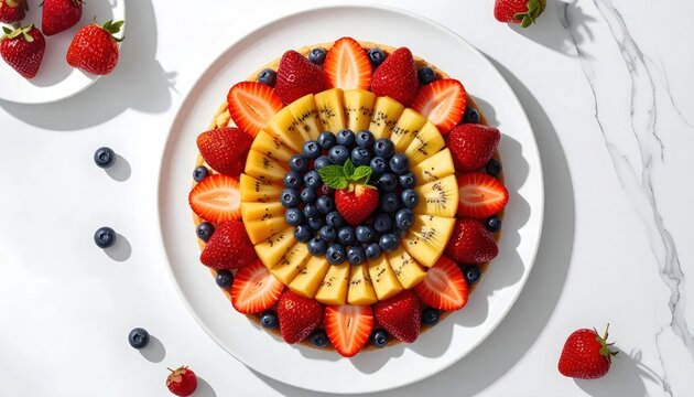 Vibrant Fruit Platter Mandala Design with Strawberries Blueberries and Pineapple.