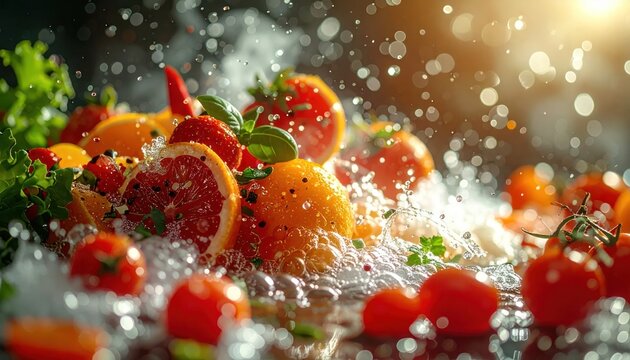 Vibrant Fresh Fruits and Vegetables Splash in Water.