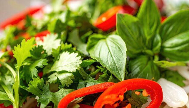 Vibrant Fresh Salad with Basil, Cilantro, and Red Pepper Slices.