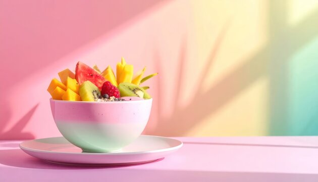 Vibrant Fruit Bowl on Pastel Background with Soft Shadows.