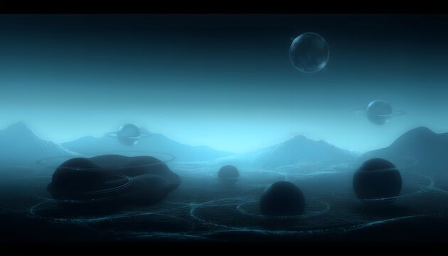 Ethereal landscape featuring floating metallic spheres above dark barren terrain.