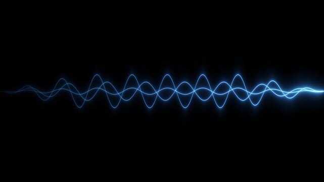 Blue neon glowing sound wave lines on dark black background for digital audio equalizer music frequency technology and voice assistant loop template