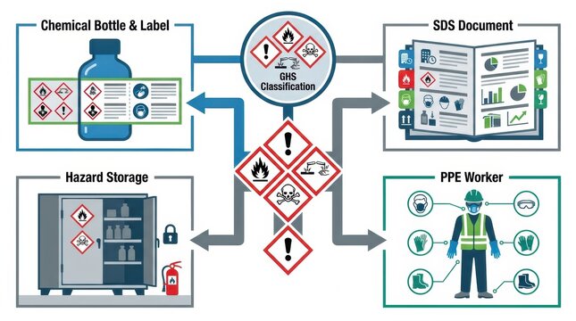 Visual guide shows GHS pictograms and details for chemical safety compliance, including storage, labeling, and worker protection measures.