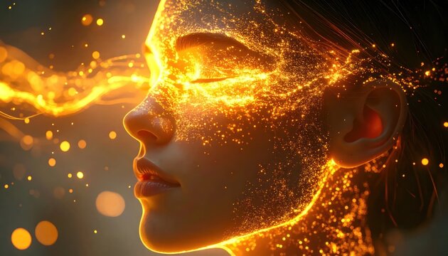 Vibrant Energy Flowing Through a Persons Head, Symbolizing Consciousness and Enlightenment.