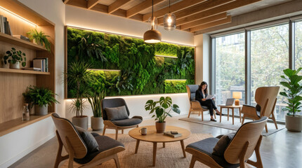 Fototapeta premium Aesthetic interior of a quiet corporate lounge, ergonomic wooden furniture, modular moss acoustic wall panels, soft ambient lighting, biophilic office design