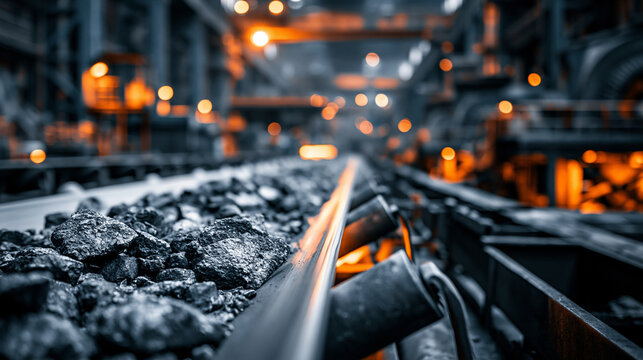 Coal ore moves along a conveyor belt inside a heavy manufacturing plant with glowing warm lights. Useful for energy sector and mining industry marketing.
