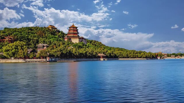 This time-lapse video of the Tower of Buddhist Incense and Kunming Lake at the Summer Palace captures the shifting autumn scenery and serene atmosphere under a clear sky.