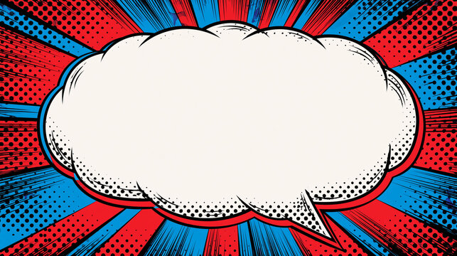 Comic style speech bubble thought cloud against a vibrant red and blue pop art background. Perfect for retro communication, ideas, and dialogue.