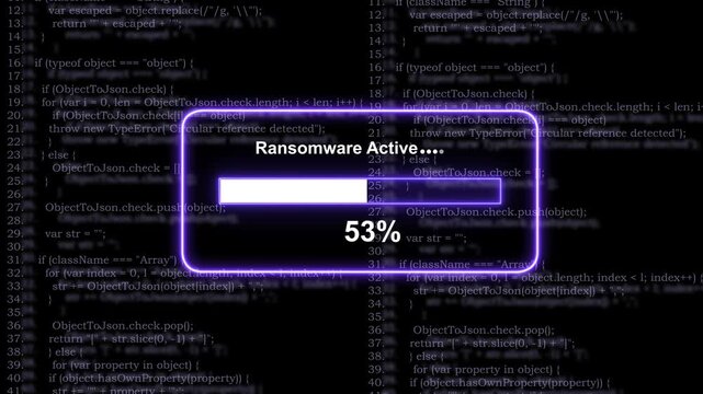 Cybersecurity threat concept featuring a glowing purple progress bar displaying ransomware active status with increasing percentage loading over a complex background, of scrolling software, 