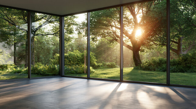 Empty modern room features large floor-to-ceiling glass windows overlooking a sunlit forest garden. Ideal background for interior design or real estate mockup.