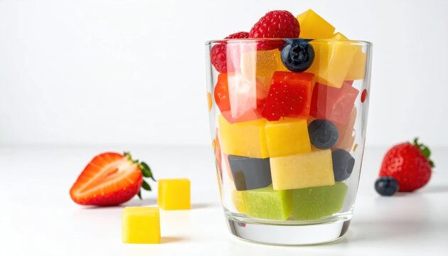 Vibrant Cubed Fruit Salad in a Clear Glass.
