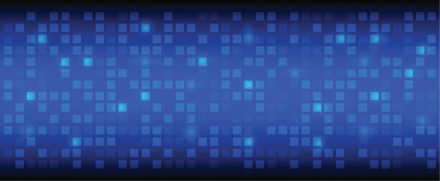 Abstract blue technology banner background featuring a glowing square pixel matrix grid pattern with illuminated digital data light effect elements.