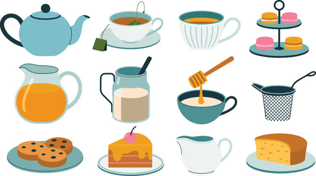 Cozy afternoon tea set with teapot, teacups, macarons, cake slice, cookies, honey, and creamer vector