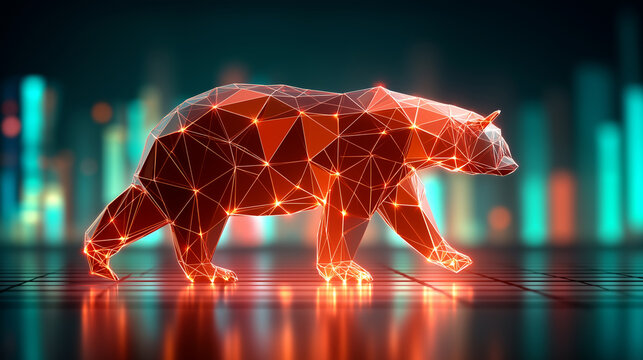 Stock exchange,trading,financial,digital wireframe bear walking on a grid floor against a glowing, symbolizing a bearish stock market,bear market.