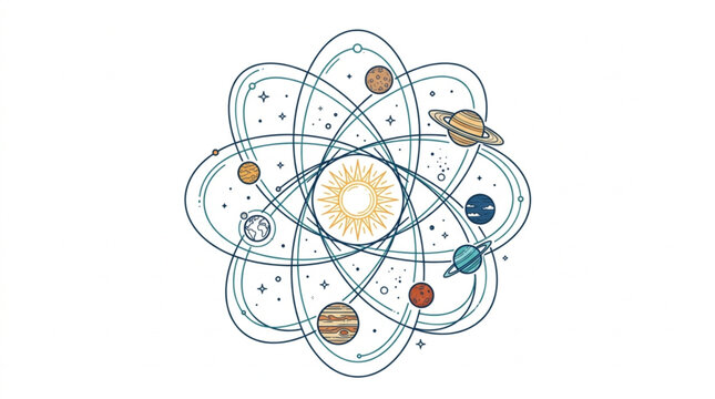 Colorful Atomic Structure with Planets and Orbits.