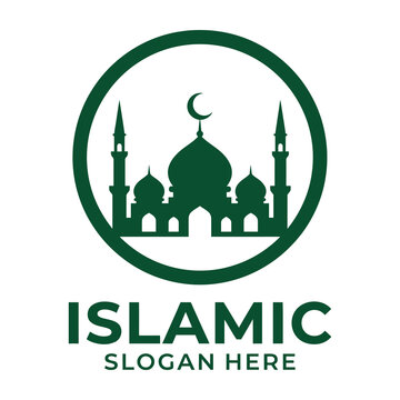 Islamic mosque logo with crescent moon and minarets in green circle symbol
