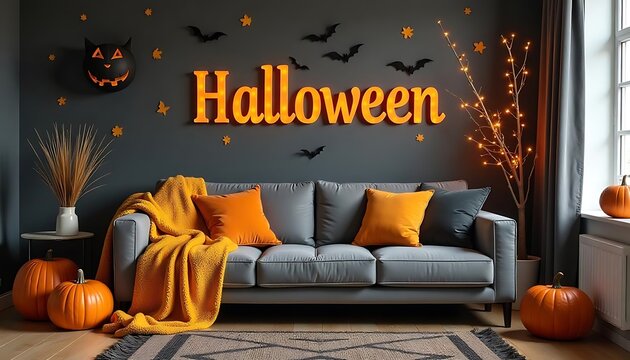 A cozy living room decorated for Halloween, with a gray sofa, a yellow blanket, pumpkins, and Halloween text written on back wall Halloween themed d&eacute;cor on the wall, created with generative ai