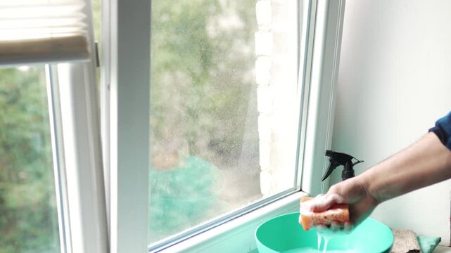 Close up of a person washing a plastic window frame with a sponge and soapy water