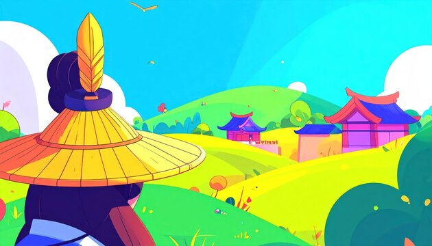 Vibrant Cartoon Landscape with Traditional Asian Architecture and a Figure in the Foreground.