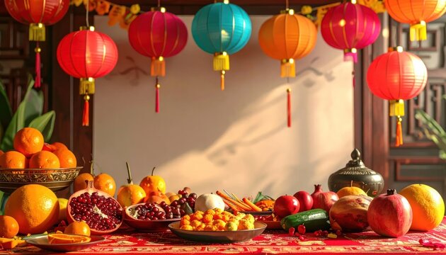 Vibrant Chinese New Year Celebration with Abundant Fruits and Lanterns.