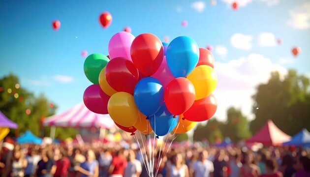 Vibrant Bunch of Balloons Floating Over a Cheerful Outdoor Festival Crowd.