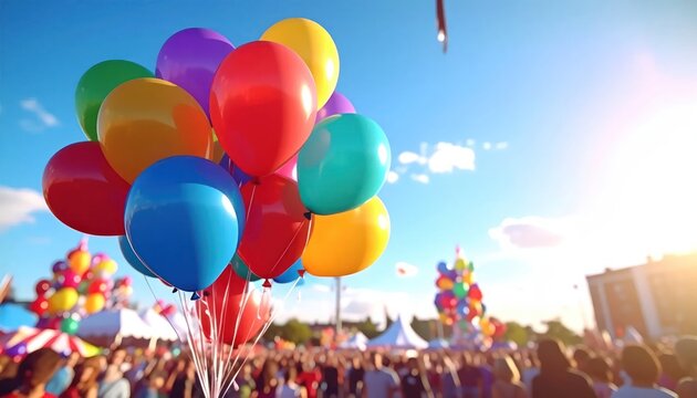 Vibrant Bunch of Colorful Balloons Floating Above a Cheerful Outdoor Crowd at a Festival.