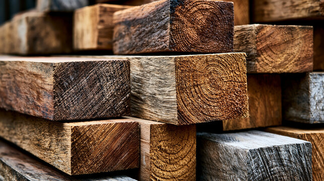Stacked wooden beams with rich grain texture are piled under warm light. Perfect for construction and woodworking industry advertisements.