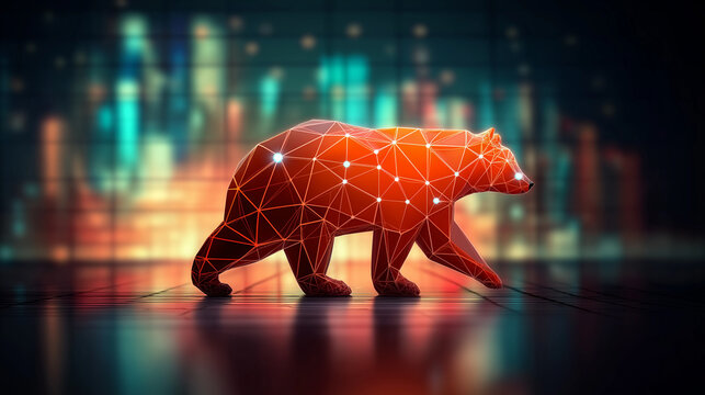 Stock exchange,trading,financial,digital wireframe bear walking on a grid floor against a glowing, symbolizing a bearish stock market,bear market.