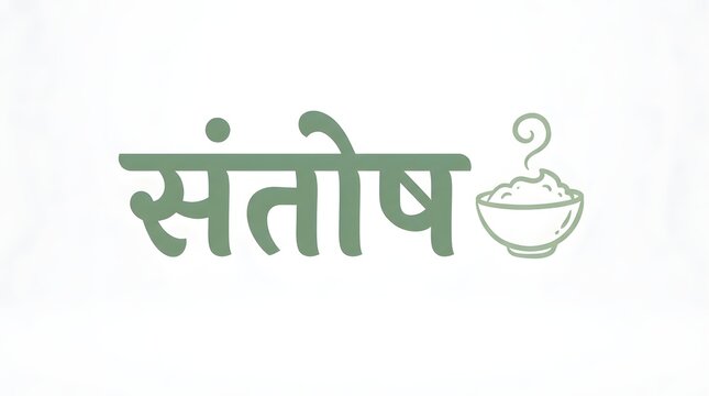 Green hindi word santosh next to steaming bowl of food on a soft white studio background.