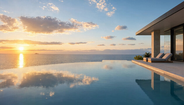 Luxurious infinity pool at sunset overlooking calm ocean horizon with infinity vacation relaxation tropical architecture landscape tranquility beautiful paradise wellness relaxing