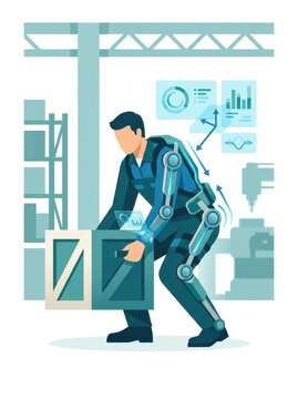 A worker is using an exoskeleton to assist with lifting boxes in a warehouse setting. This helps with posture and injury prevention.