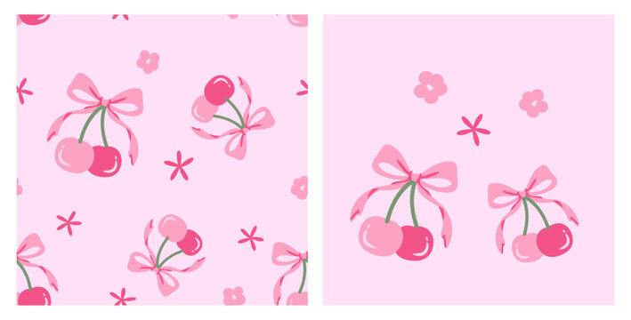 Cute seamless cherry pattern featuring sweet pink cherries tied with elegant ribbon bows and tiny flowers in hand drawn flat vector style for fabric, wrapping paper, nursery decor, wallpaper, and text