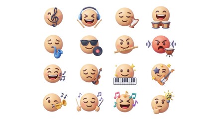 Naklejka premium 3D Emoji Musician Icons Set Playing Instruments and Singing on White Background