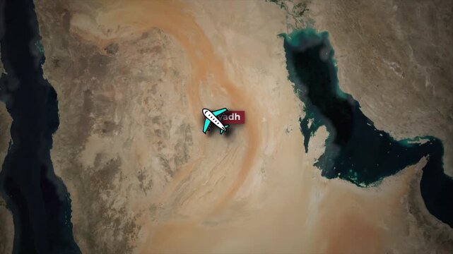 Animated Flight Route from Riyadh to Cairo on Satellite Map Background