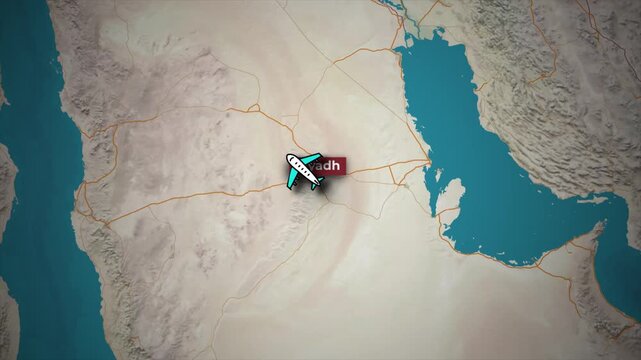 Animated Flight Route from Riyadh to Cairo on 3D Topographic Map