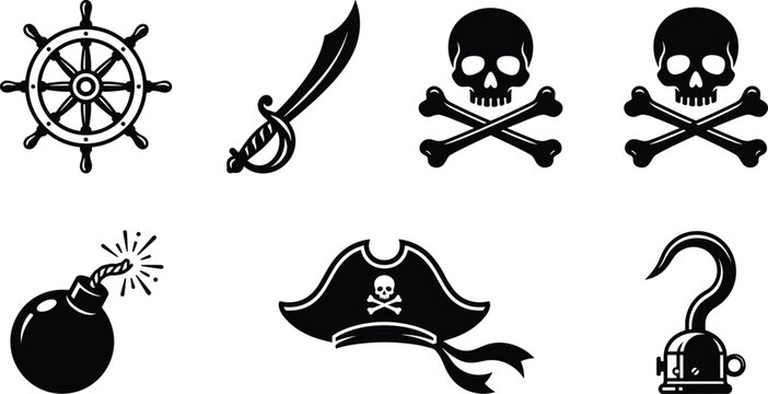 Pirate Silhouette Icon Set with Skull and Crossbones Jolly Roger Hat Cutlass Sword Wheel Bomb and Hook Symbols for Nautical Designs