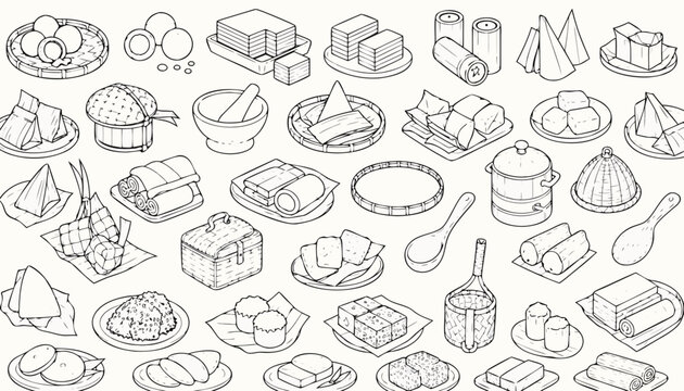 Authentic Indonesian Traditional Snacks and Heritage Foods Seamless Pattern in Vintage Scientific Engraving Style