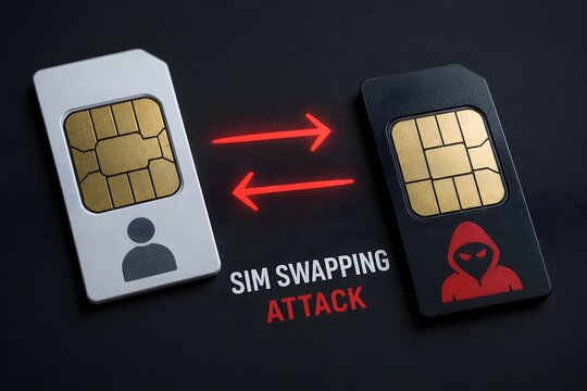 SIM swapping attack concept, illustration of digital identity theft.