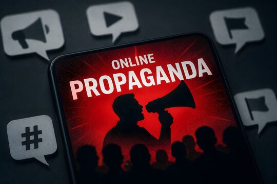 Online propaganda concept, message spreading with megaphone symbol on phone screen surrounded by social media icons.