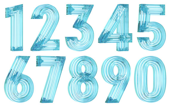 Set of clear light blue volumetric ribbed numbers from zero to nine. 3d illustration transparent background