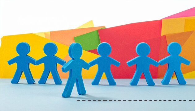 Row of blue paper cutout figures holding hands with colorful geometric background symbolizing unity and collaboration